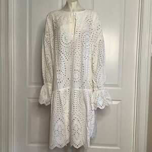 GOLD HAWK White Eyelet Long Sleeve Drop Waist Tie Front Ruffle Cuffs Slip Lining